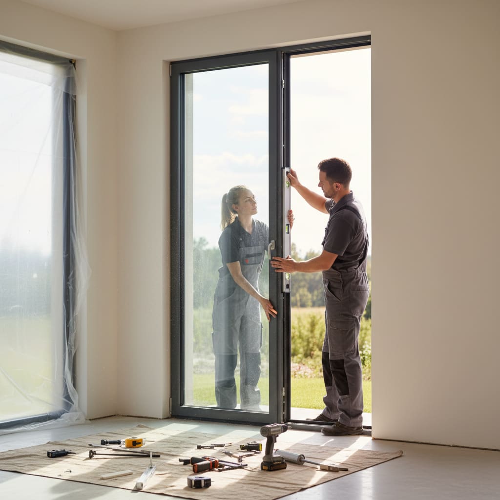 Technicians aligning an aluminum window frame during installation in Doha