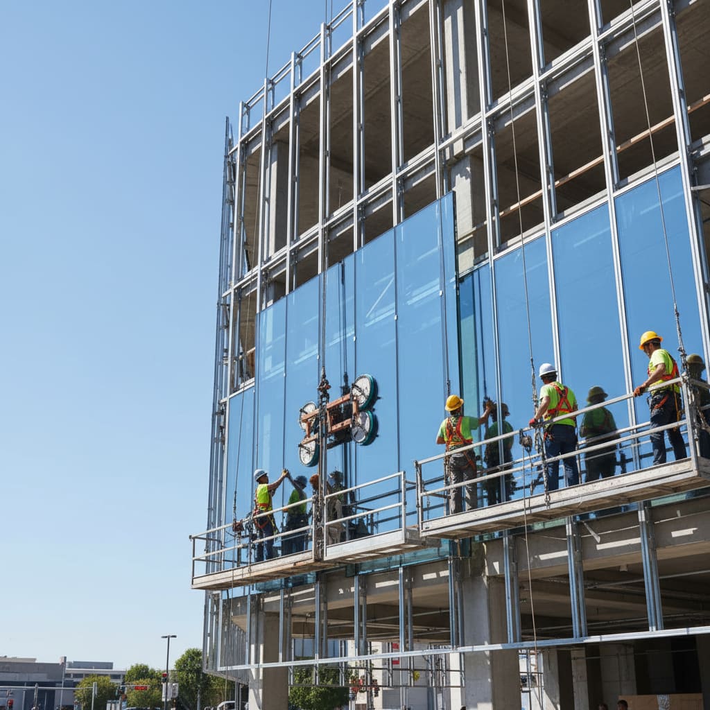 Commercial glazing facade installation on a mid-rise building