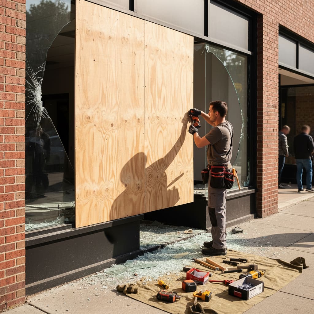Emergency temporary window boarding on a storefront