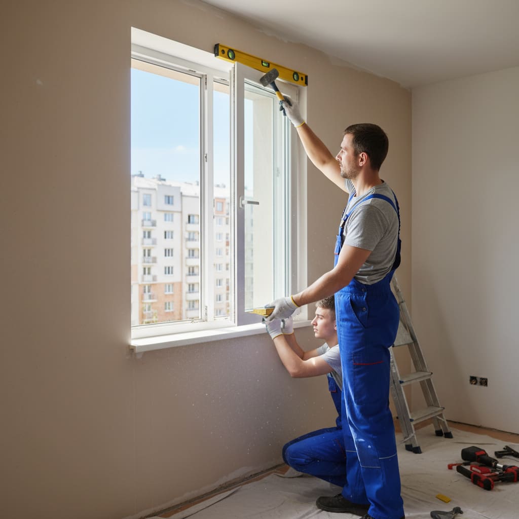 Technician installing a white uPVC window in a residential apartment